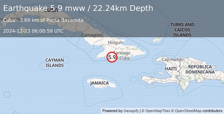 Earthquake 37 km S of Guisa, Cuba (5.9 mww) (2024-12-23 06:00:59 UTC)