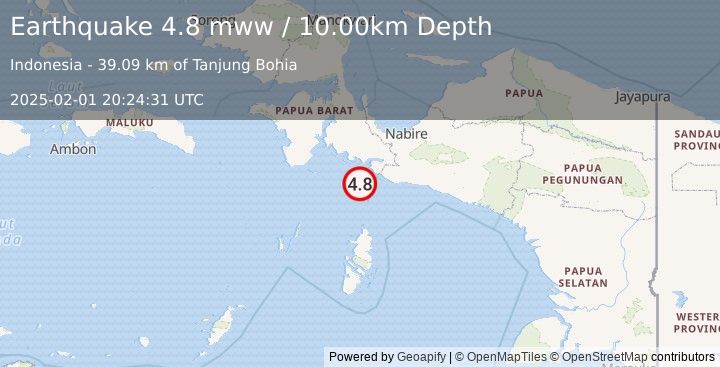 Earthquake 165 km SW of Nabire, Indonesia (4.8 mww) (2025-02-01 20:24:31 UTC)