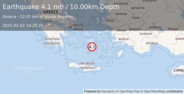 Earthquake 22 km NE of Oía, Greece (4.1 mb) (2025-02-02 18:25:29 UTC)