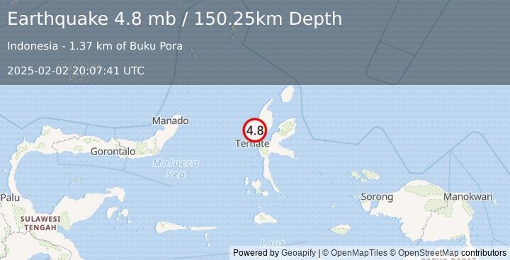 Earthquake 45 km NNE of Ternate, Indonesia (4.8 mb) (2025-02-02 20:07:41 UTC)