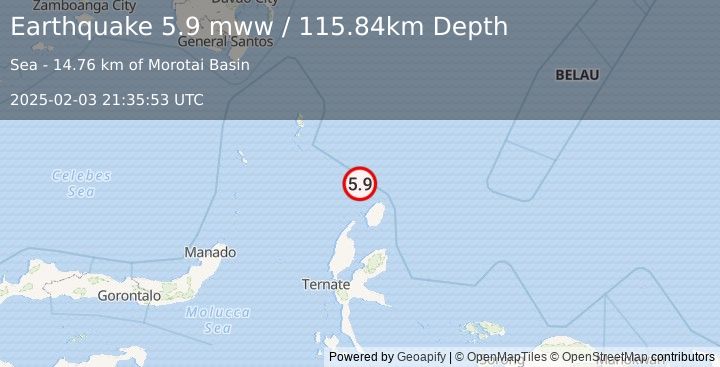 Earthquake 140 km N of Tobelo, Indonesia (5.9 mww) (2025-02-03 21:35:53 UTC)