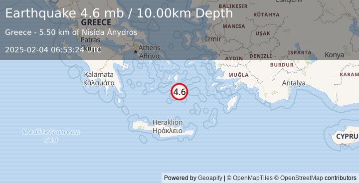 Earthquake 27 km NE of Firá, Greece (4.6 mb) (2025-02-04 06:53:24 UTC)