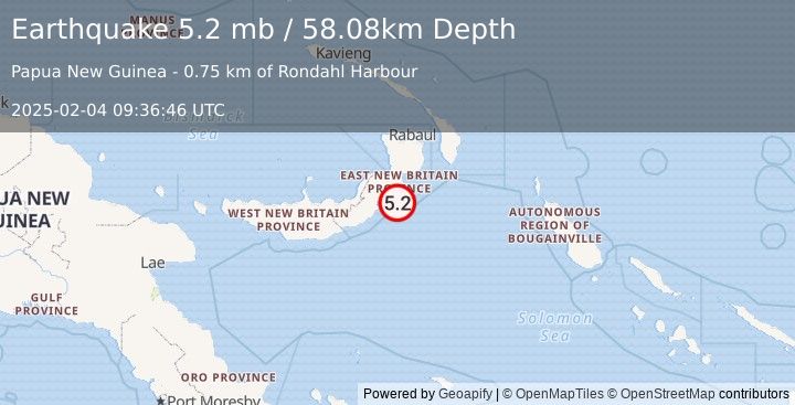 Earthquake 140 km SSW of Kokopo, Papua New Guinea (5.2 mb) (2025-02-04 09:36:46 UTC)