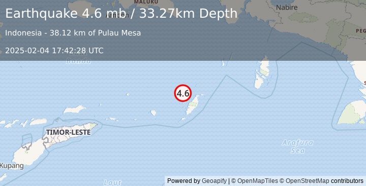 Earthquake 249 km SW of Tual, Indonesia (4.6 mb) (2025-02-04 17:42:28 UTC)