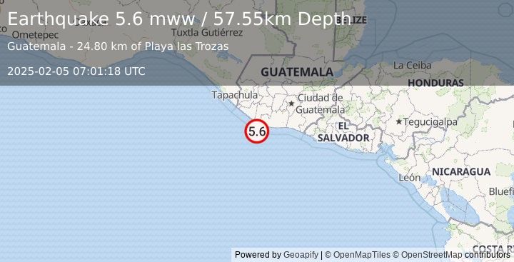 Earthquake 51 km SW of Nueva Concepción, Guatemala (5.6 mww) (2025-02-05 07:01:18 UTC)