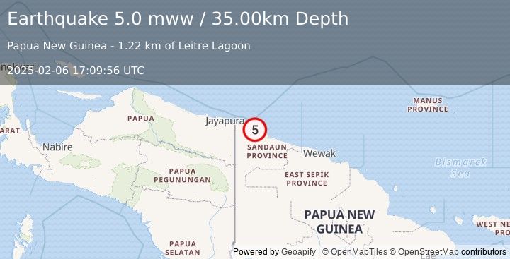 Earthquake 39 km ESE of Vanimo, Papua New Guinea (5.0 mww) (2025-02-06 17:09:56 UTC)