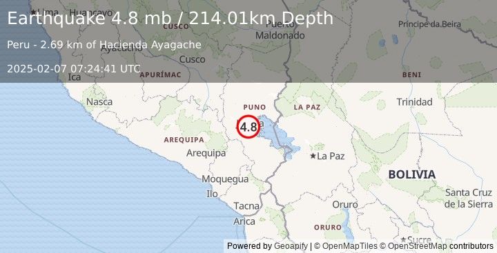 Earthquake 9 km WSW of Caracoto, Peru (4.8 mb) (2025-02-07 07:24:41 UTC)