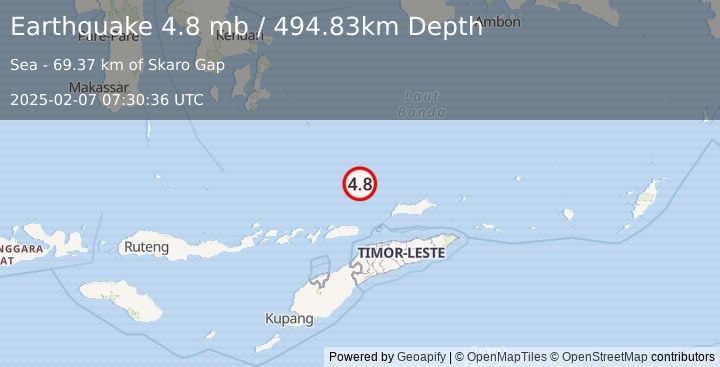 Earthquake 150 km N of Likisá, Timor Leste (4.8 mb) (2025-02-07 07:30:36 UTC)