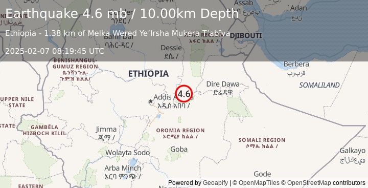 Earthquake 39 km N of Āwash, Ethiopia (4.6 mb) (2025-02-07 08:19:45 UTC)