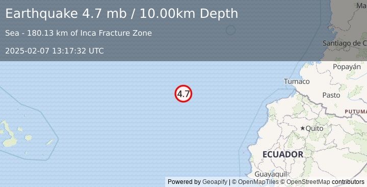 Earthquake off the coast of Ecuador (4.7 mb) (2025-02-07 13:17:32 UTC)