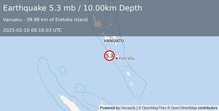 Earthquake 59 km WNW of Port-Vila, Vanuatu (5.3 mb) (2025-02-10 00:16:03 UTC)