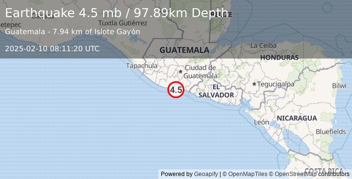 Earthquake 8 km S of Iztapa, Guatemala (4.5 mb) (2025-02-10 08:11:20 UTC)