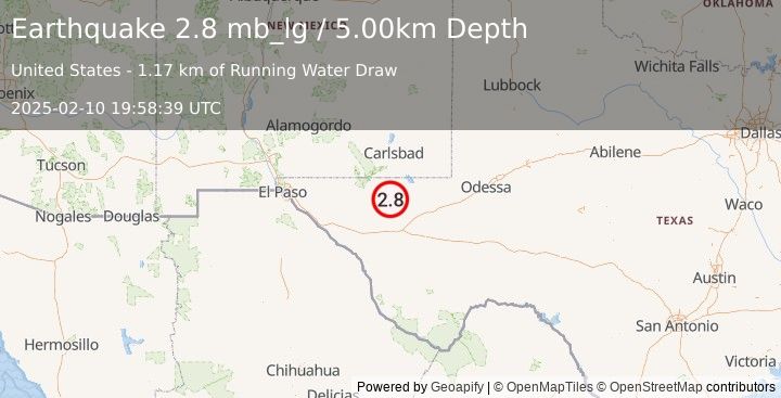 Earthquake 59 km NW of Toyah, Texas (2.8 mb_lg) (2025-02-10 19:58:39 UTC)