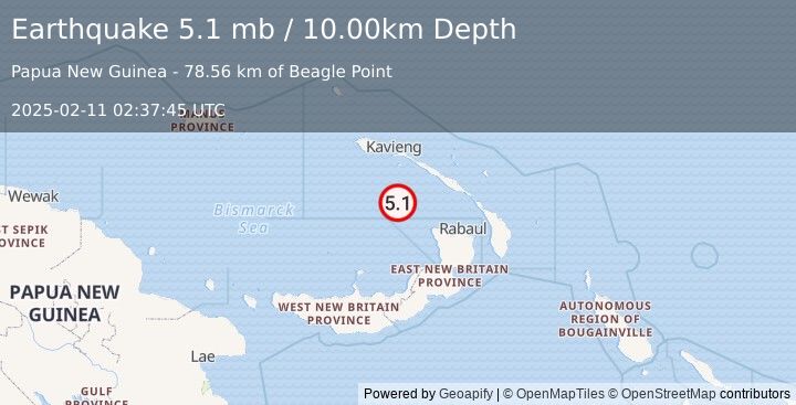 Earthquake 123 km S of Kavieng, Papua New Guinea (5.1 mb) (2025-02-11 02:37:45 UTC)