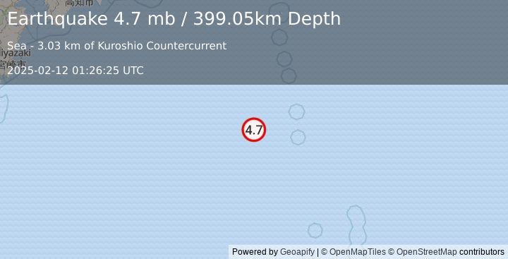 Earthquake Izu Islands, Japan region (4.7 mb) (2025-02-12 01:26:25 UTC)