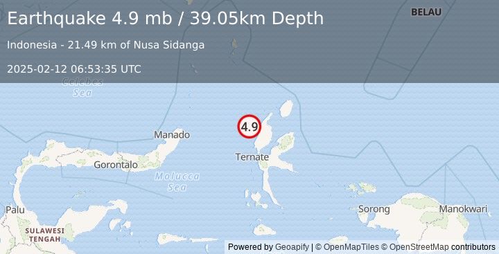 Earthquake 78 km W of Tobelo, Indonesia (4.9 mb) (2025-02-12 06:53:35 UTC)