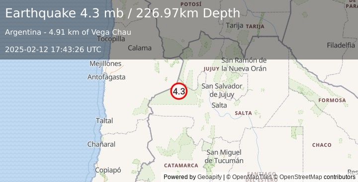 Earthquake 88 km W of San Antonio de los Cobres, Argentina (4.3 mb) (2025-02-12 17:43:26 UTC)