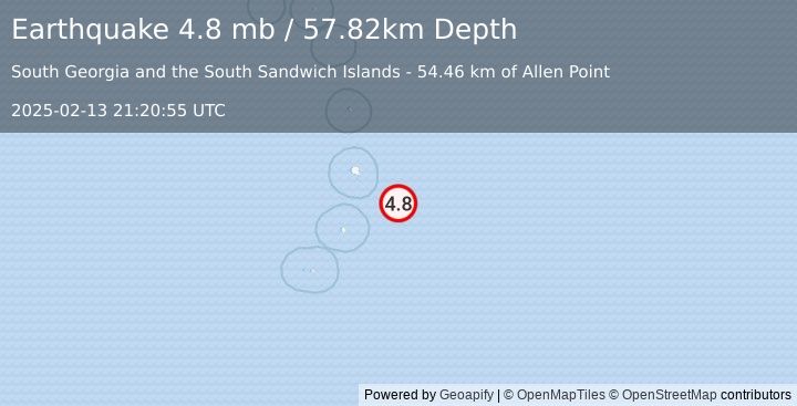 Earthquake South Sandwich Islands region (4.8 mb) (2025-02-13 21:20:55 UTC)