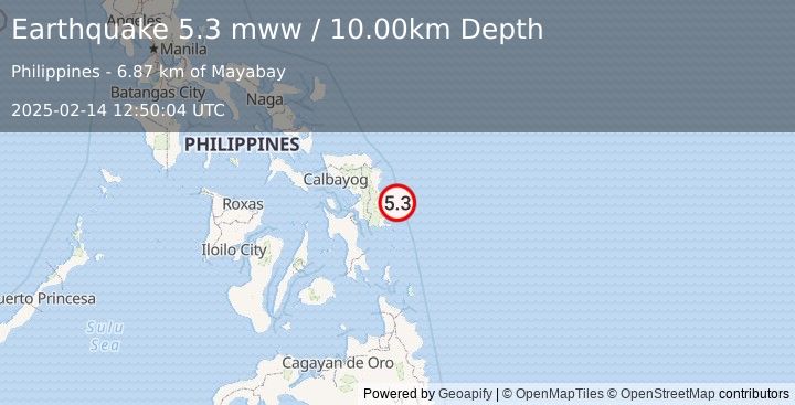 Earthquake 37 km NE of Llorente, Philippines (5.3 mww) (2025-02-14 12:50:04 UTC)