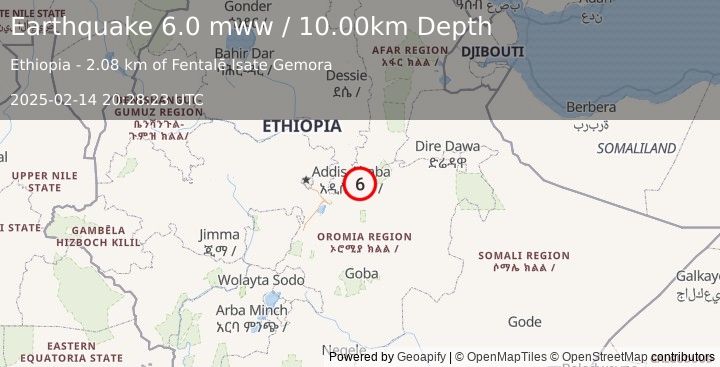 Earthquake 6 km NNE of Metahāra, Ethiopia (6.0 mww) (2025-02-14 20:28:23 UTC)