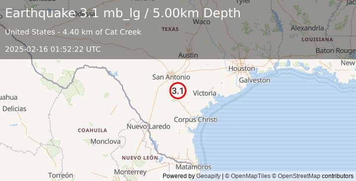 Earthquake 19 km WSW of Falls City, Texas (3.1 mb_lg) (2025-02-16 01:52:22 UTC)