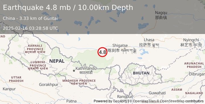 Earthquake 134 km NNE of Lobuche, Nepal (4.8 mb) (2025-02-16 03:28:58 UTC)