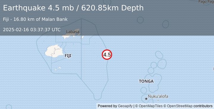 Earthquake 273 km E of Levuka, Fiji (4.5 mb) (2025-02-16 03:37:37 UTC)