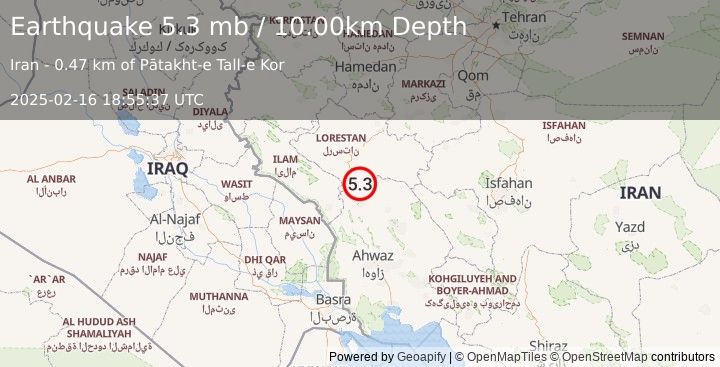 Earthquake 51 km N of Shahrak-e Kūlūrī, Iran (5.3 mb) (2025-02-16 18:55:37 UTC)