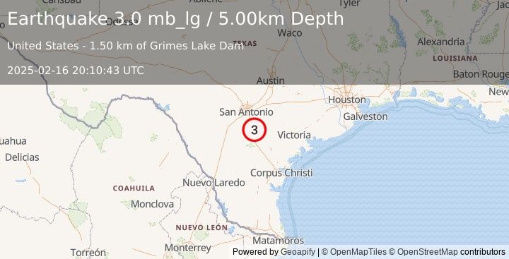 Earthquake 20 km SW of Poth, Texas (3.0 mb_lg) (2025-02-16 20:10:43 UTC)