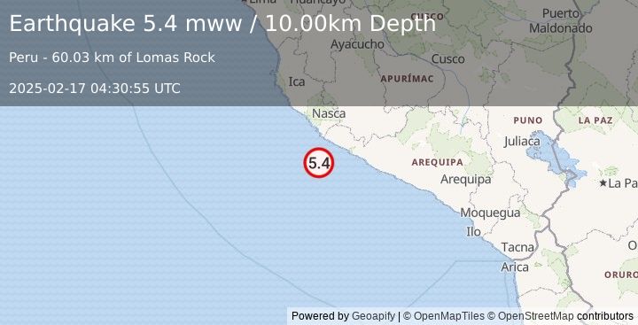 Earthquake 71 km S of San Juan, Peru (5.4 mww) (2025-02-17 04:30:55 UTC)