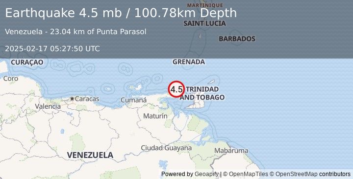 Earthquake 37 km N of Güiria, Venezuela (4.5 mb) (2025-02-17 05:27:50 UTC)