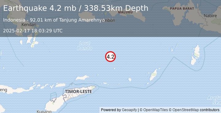 Earthquake 285 km S of Ambon, Indonesia (4.2 mb) (2025-02-17 18:03:29 UTC)