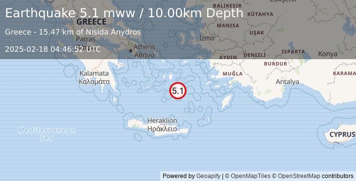 Earthquake 30 km S of Amorgós, Greece (5.1 mww) (2025-02-18 04:46:52 UTC)