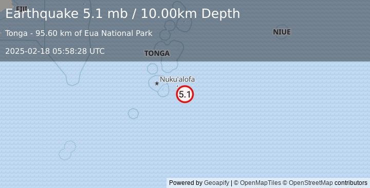 Earthquake 102 km ESE of ‘Ohonua, Tonga (5.1 mb) (2025-02-18 05:58:28 UTC)