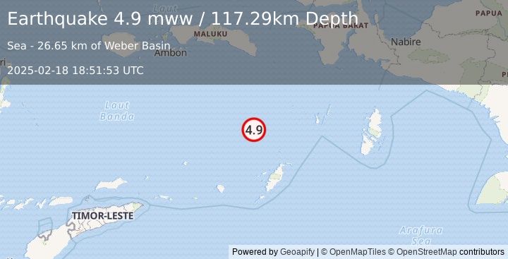 Earthquake 224 km WSW of Tual, Indonesia (4.9 mww) (2025-02-18 18:51:53 UTC)