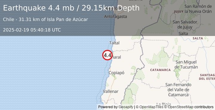 Earthquake 96 km WNW of Diego de Almagro, Chile (4.4 mb) (2025-02-19 05:40:18 UTC)