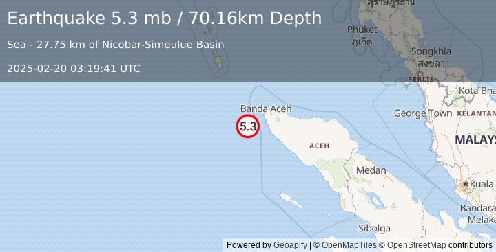 Earthquake 88 km SW of Banda Aceh, Indonesia (5.3 mb) (2025-02-20 03:19:41 UTC)