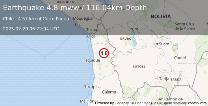 Earthquake 44 km SSE of Camiña, Chile (4.8 mww) (2025-02-20 06:22:04 UTC)