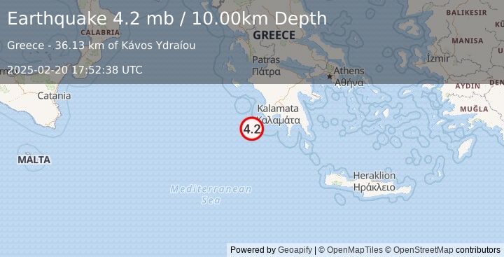 Earthquake 39 km WSW of Methóni, Greece (4.2 mb) (2025-02-20 17:52:38 UTC)