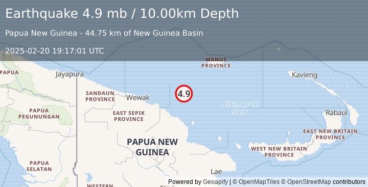 Earthquake 187 km ENE of Angoram, Papua New Guinea (4.9 mb) (2025-02-20 19:17:01 UTC)