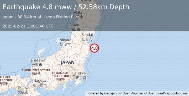 Earthquake 42 km E of Namie, Japan (4.8 mww) (2025-02-21 13:01:46 UTC)