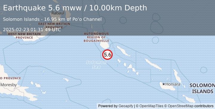 Earthquake 111 km SSE of Panguna, Papua New Guinea (5.6 mww) (2025-02-23 01:31:49 UTC)