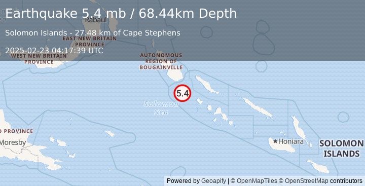 Earthquake 125 km SSE of Panguna, Papua New Guinea (5.4 mb) (2025-02-23 04:17:39 UTC)