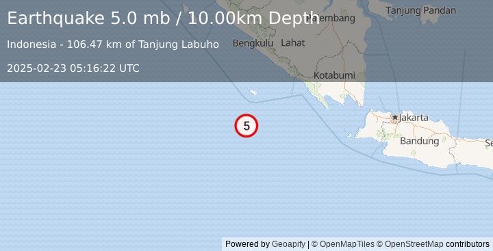 Earthquake 292 km S of Bengkulu, Indonesia (5.0 mb) (2025-02-23 05:16:22 UTC)