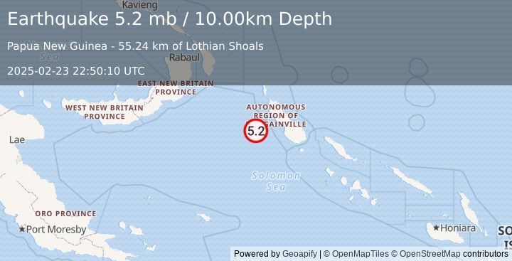 Earthquake 122 km W of Panguna, Papua New Guinea (5.2 mb) (2025-02-23 22:50:10 UTC)