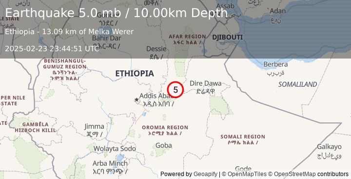 Earthquake 60 km NW of Āsbe Teferī, Ethiopia (5.0 mb) (2025-02-23 23:44:51 UTC)