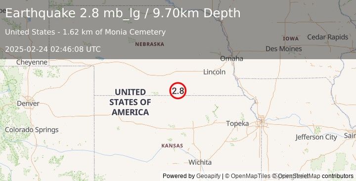 Earthquake 10 km E of Cowles, Nebraska (2.8 mb_lg) (2025-02-24 02:46:08 UTC)