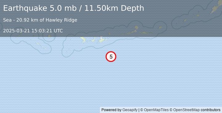 Earthquake 104 km SSE of Adak, Alaska (5.0 mb) (2025-03-21 15:03:21 UTC)