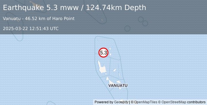 Earthquake 63 km WSW of Sola, Vanuatu (5.3 mww) (2025-03-22 12:51:43 UTC)