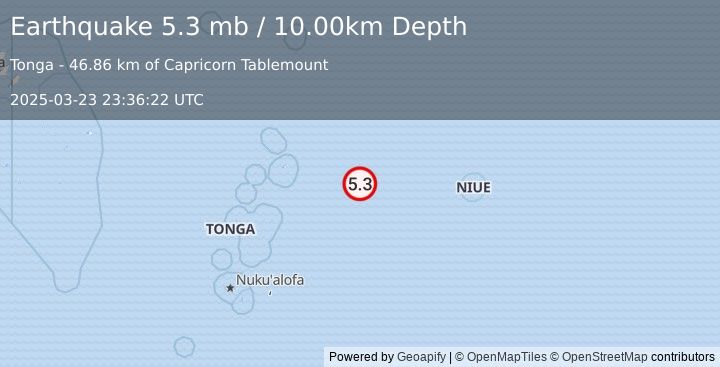 Earthquake 175 km ESE of Neiafu, Tonga (5.3 mb) (2025-03-23 23:36:22 UTC)